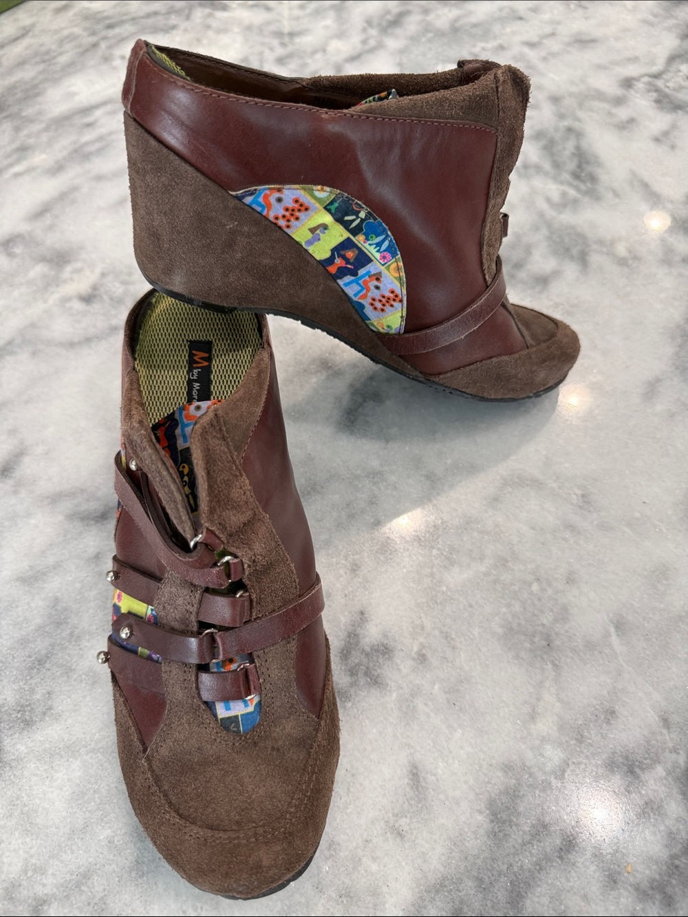 Brown Suede & Leather Wedge Slip-On Shoes